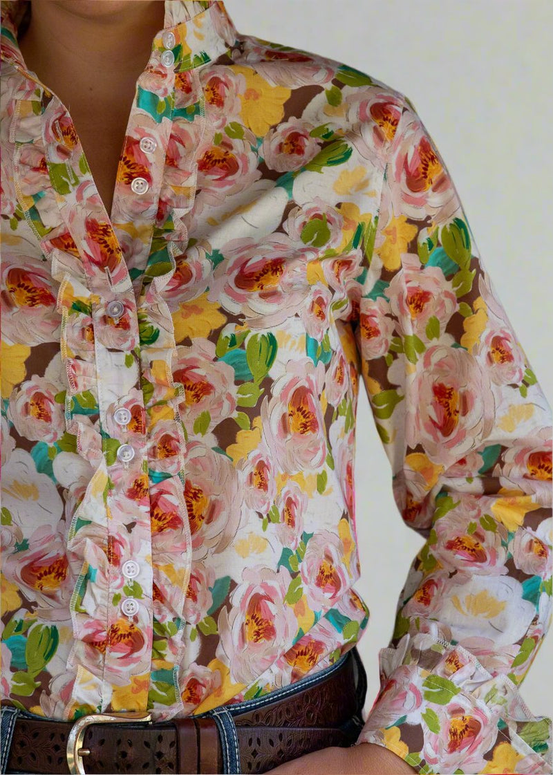 COUNTRY FLORAL 3/4 SLEEVE BUTTON FRONT PLEATED SHIRT main image 1