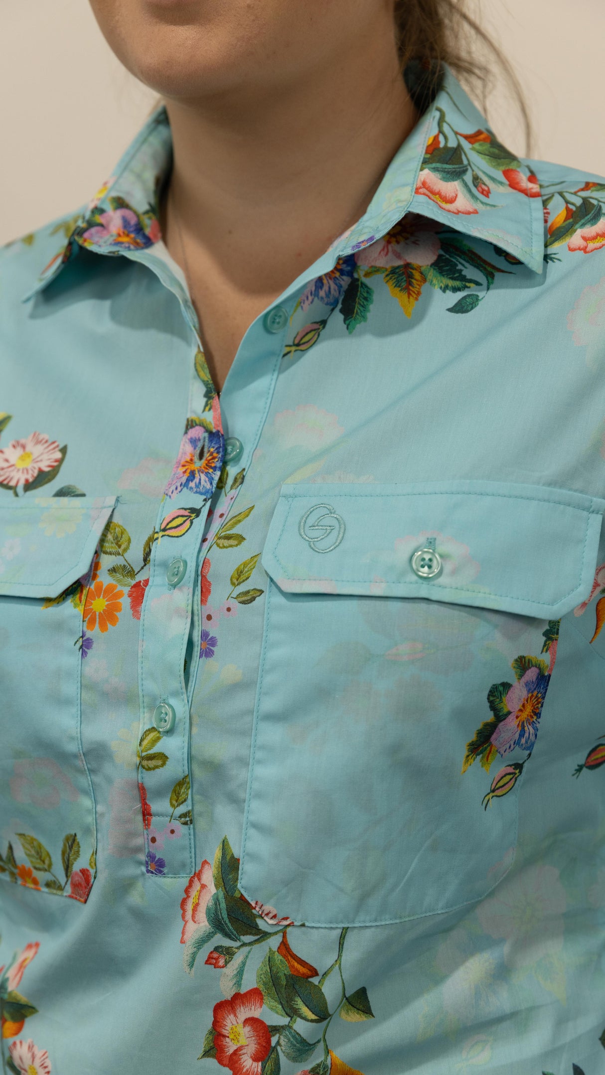 Nina - 1/2 Button Front Long Sleeve Cotton Collared Shirt