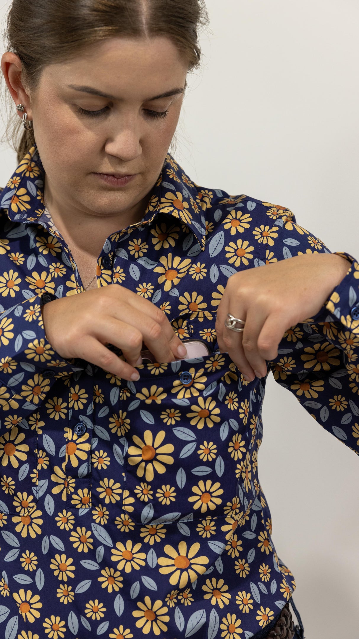 Jane - 1/2 Button Front Long Sleeve Cotton Collared Shirt