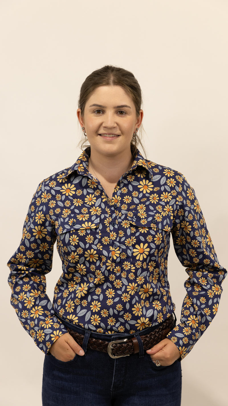 Jane - 1/2 Button Front Long Sleeve Cotton Collared Shirt