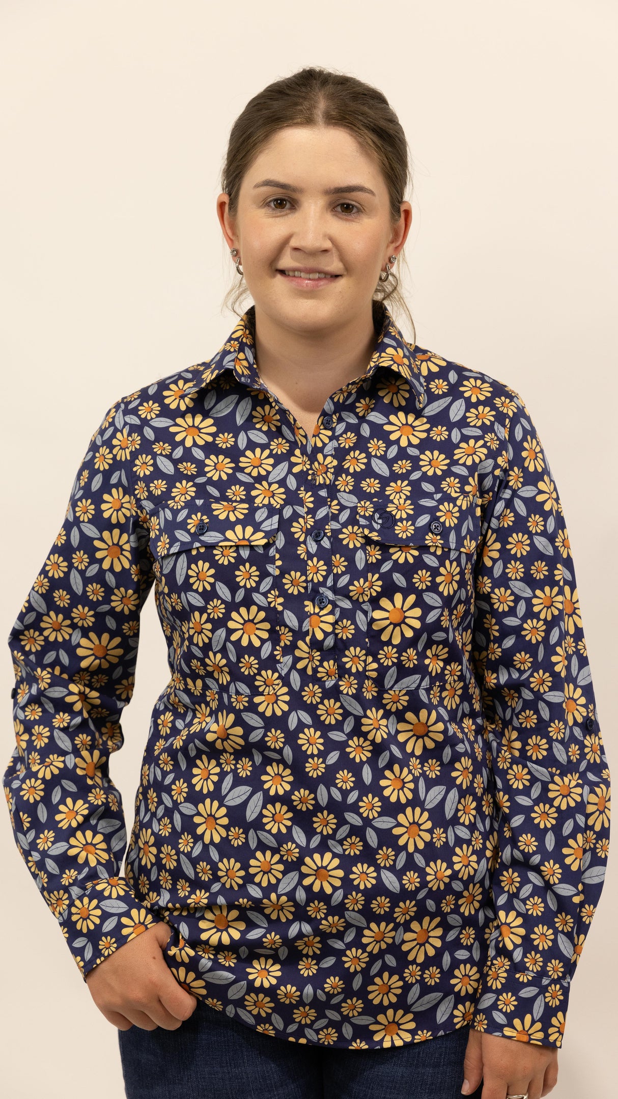 Jane - 1/2 Button Front Long Sleeve Cotton Collared Shirt