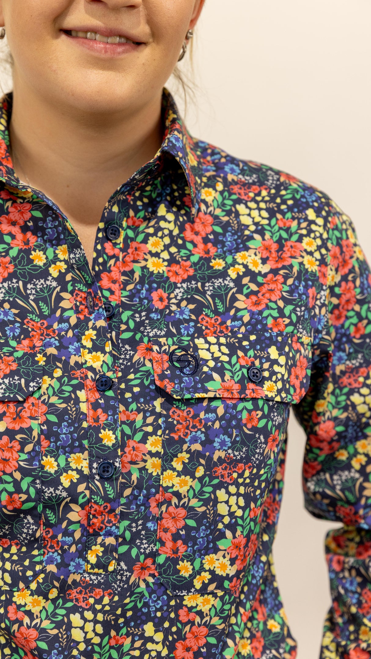 Judith - 1/2 Button Front Long Sleeve Cotton Collared Shirt