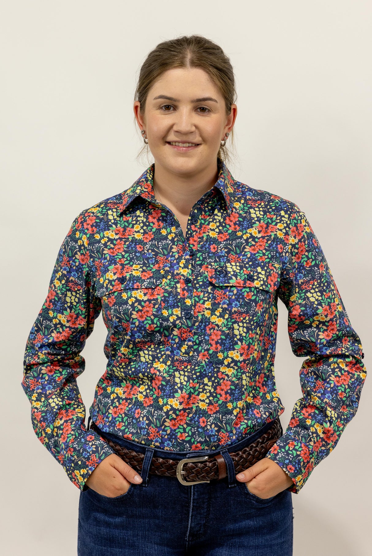 Judith - 1/2 Button Front Long Sleeve Cotton Collared Shirt