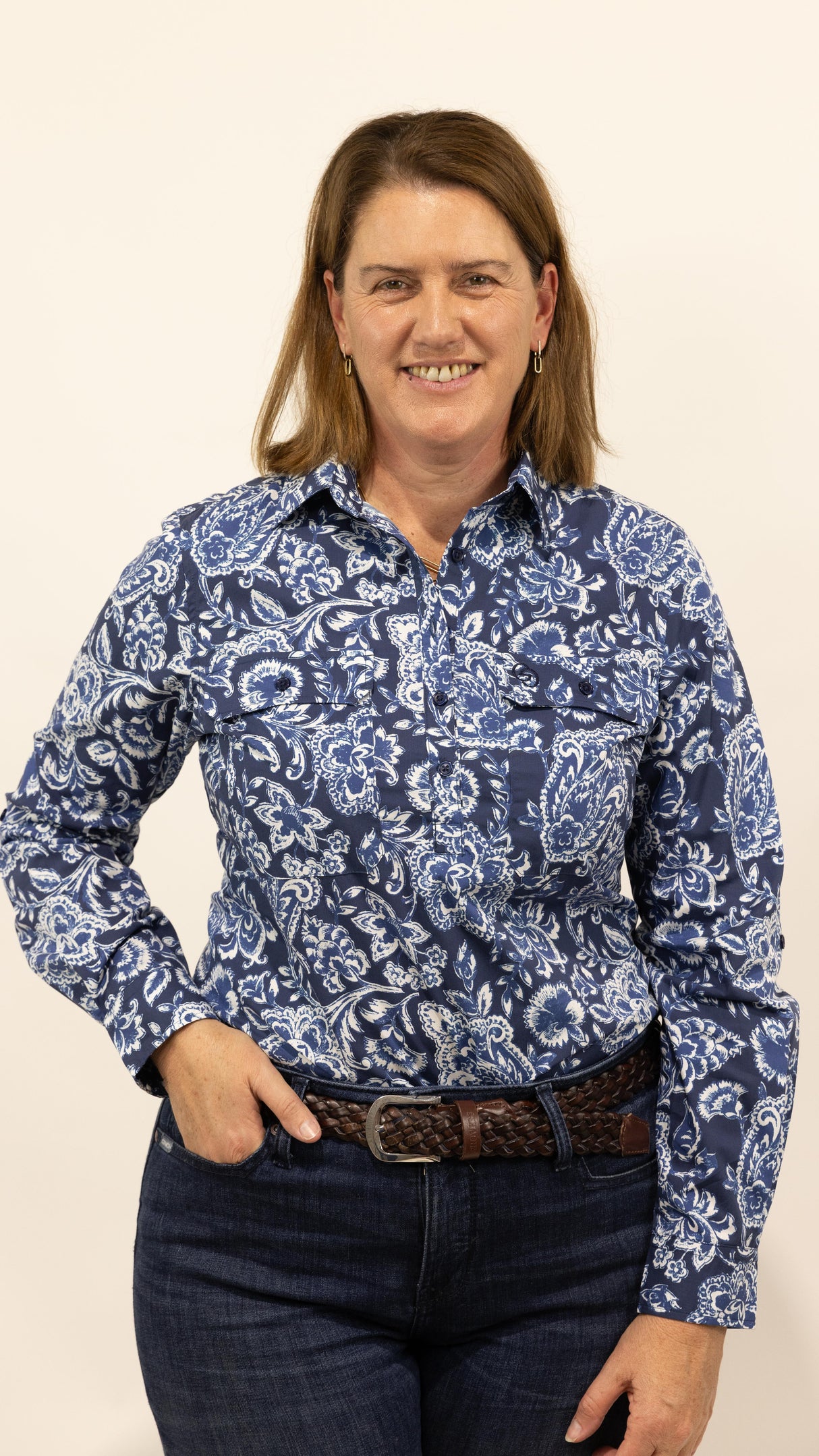 Annette - 1/2 Button Front Long Sleeve Cotton Collared Shirt