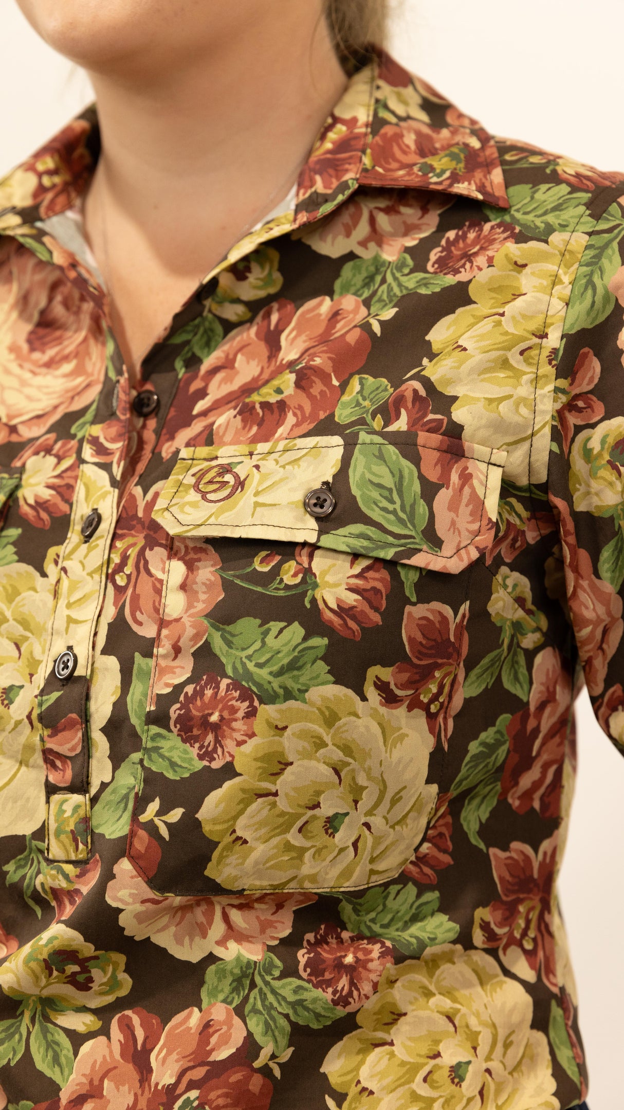 Sylvia - 1/2 Button Front Long Sleeve Cotton Collared Shirt