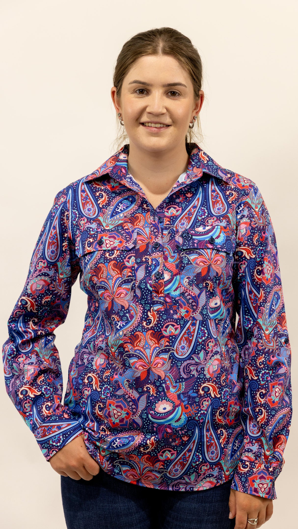 Montana - 1/2 Button Front Long Sleeve Cotton Collared Shirt