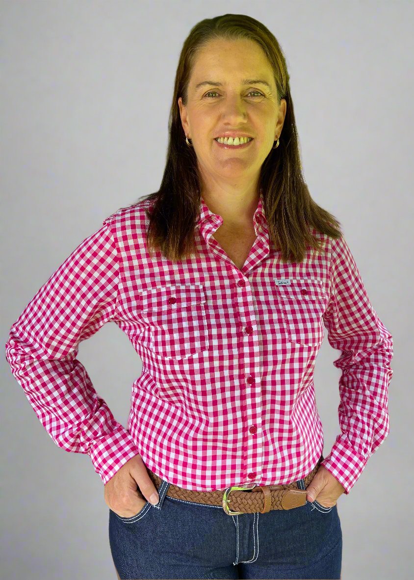 Macy - Pink Gingham Long Sleeve Collared Shirt