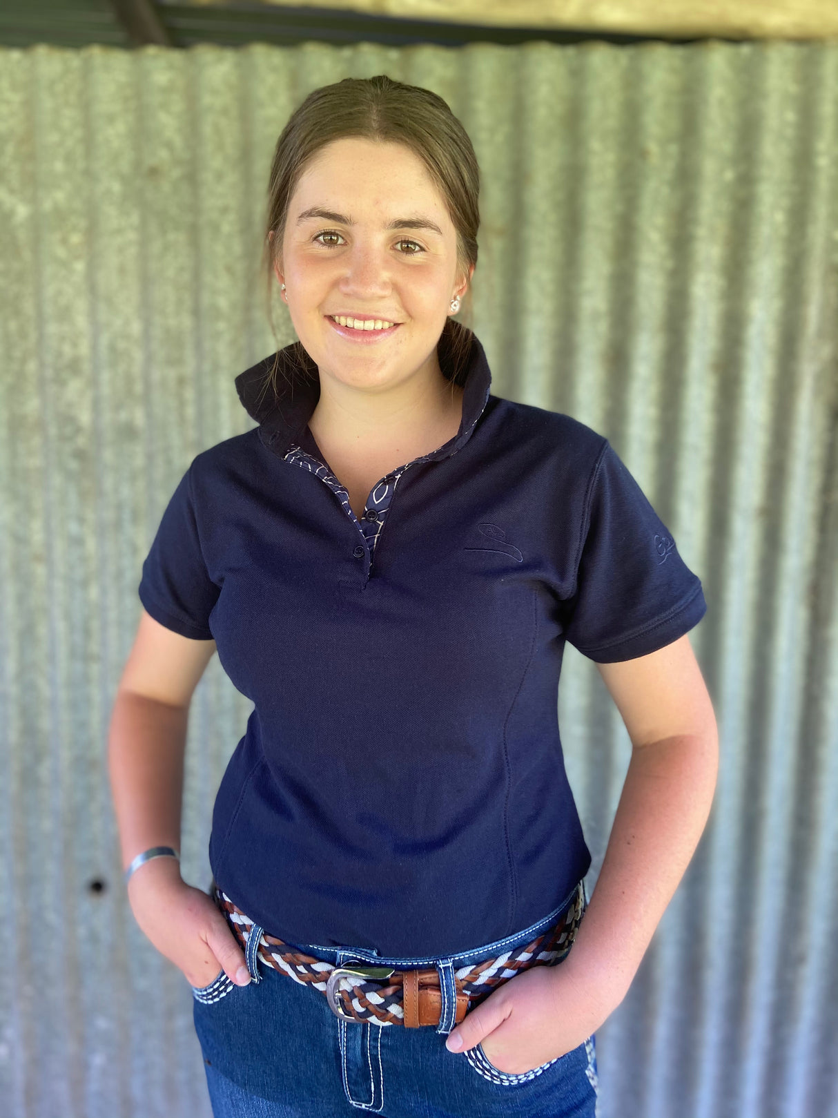 Nellie - Navy with Tan Geometric trim Polo Shirt